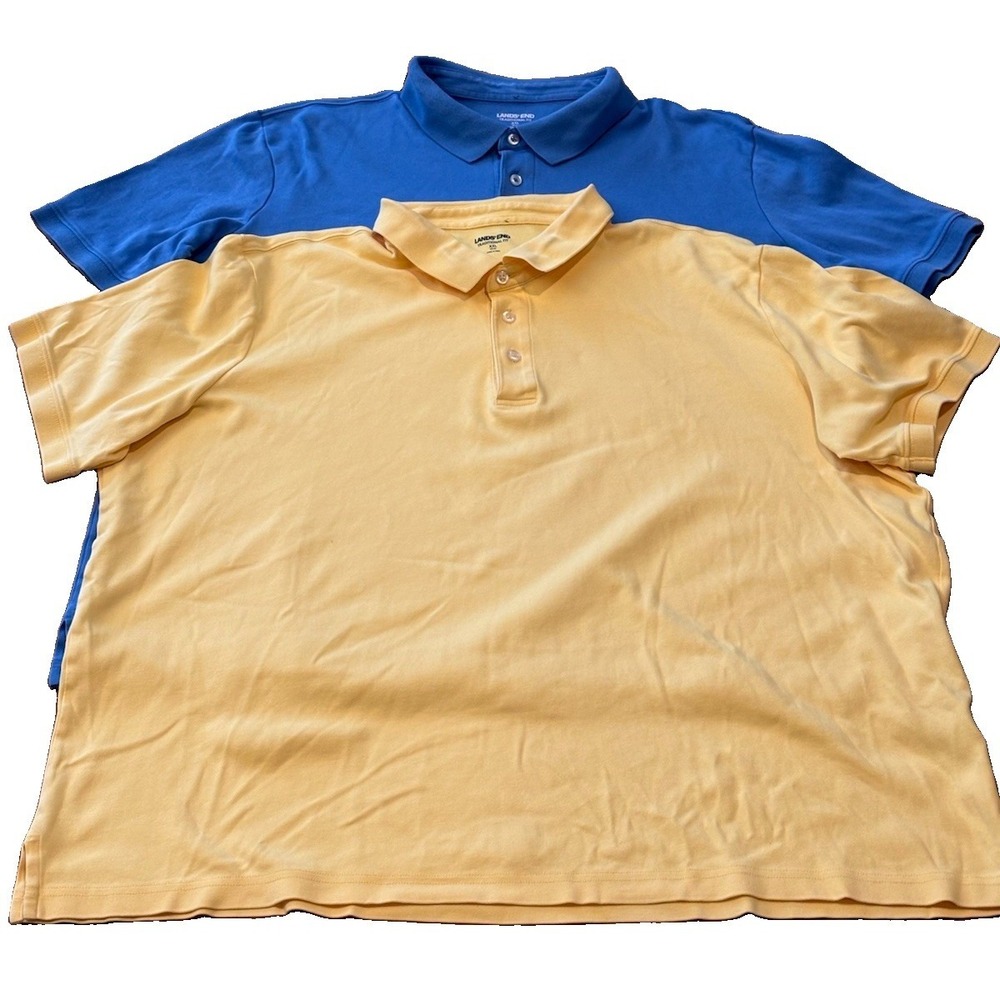 2 Lands End Mens 2XL Yellow & Blue Polo Shirts 100% Cotton Traditional Fit